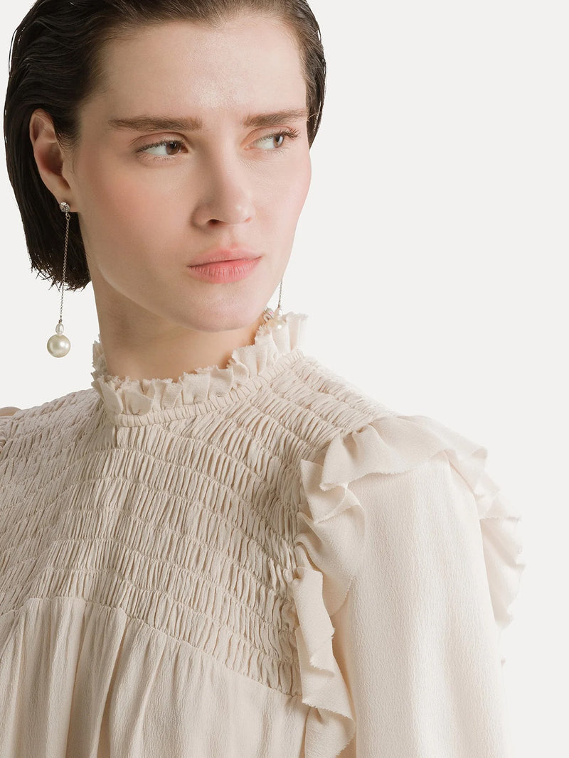 Mixed silk marocaine long sleeves top, white
