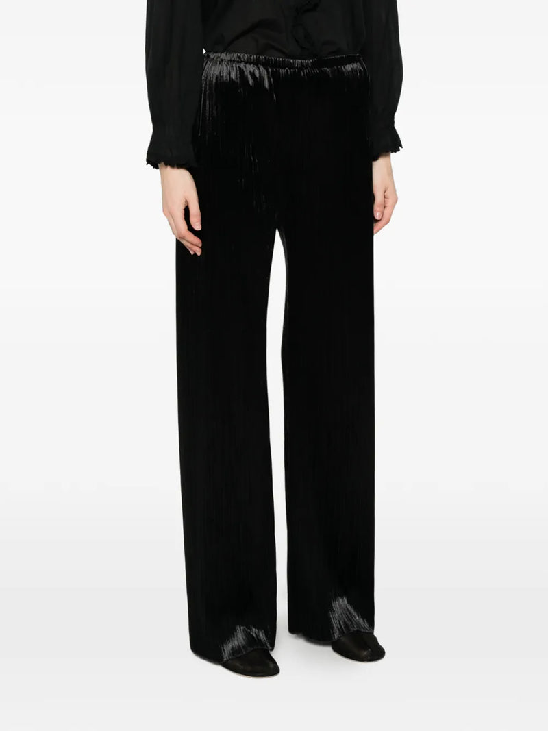 Silky velvet pleated jersey elasticated pants, black