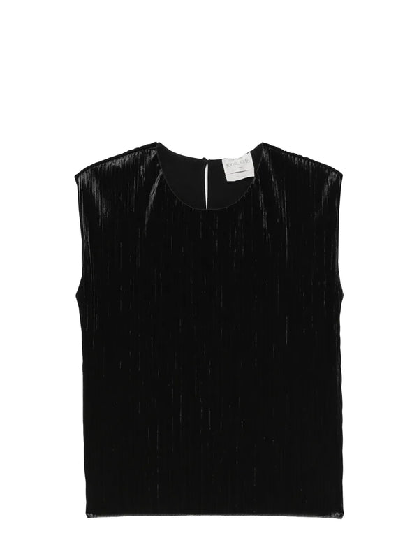 A sleeveless black top with a textured, vertically ribbed or pleated surface, featuring a round neckline and a small white brand label at the inner collar, shown against a plain white background.