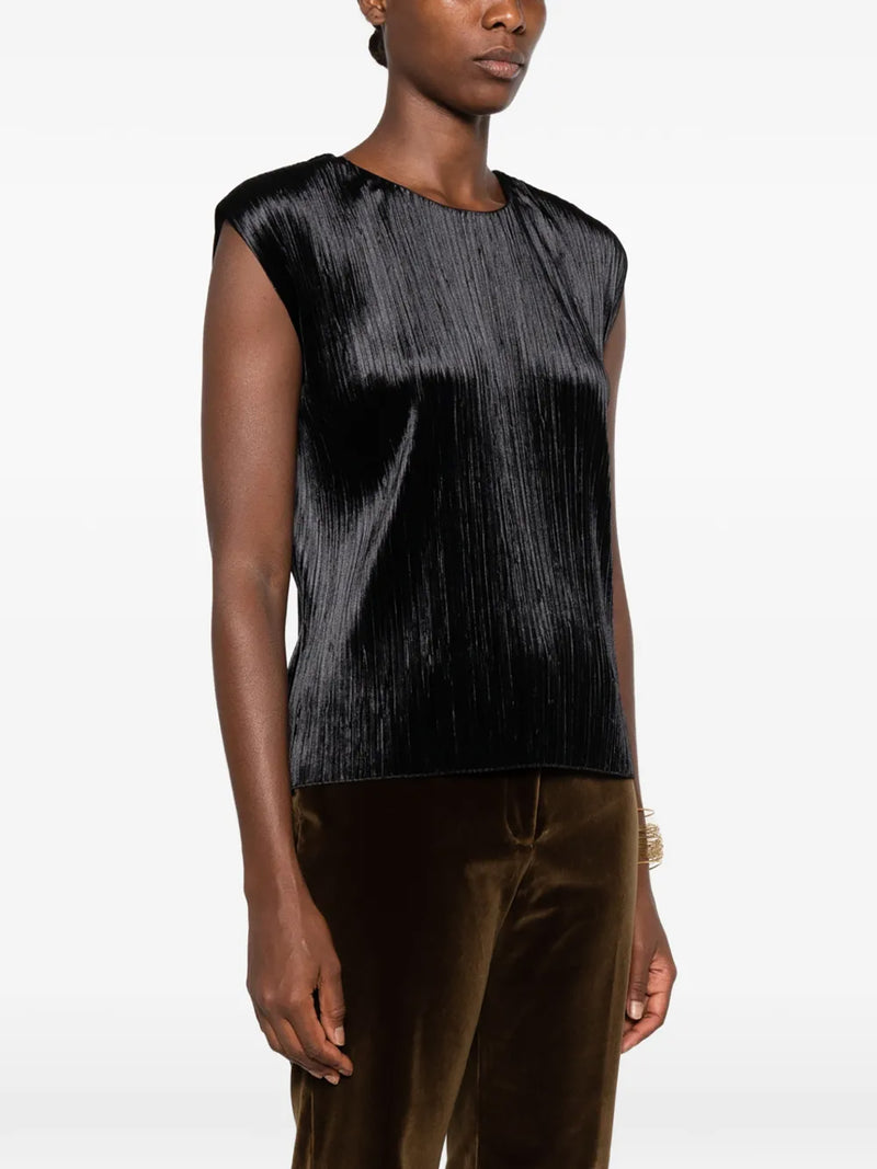 Silky velvet pleated jersey top, black