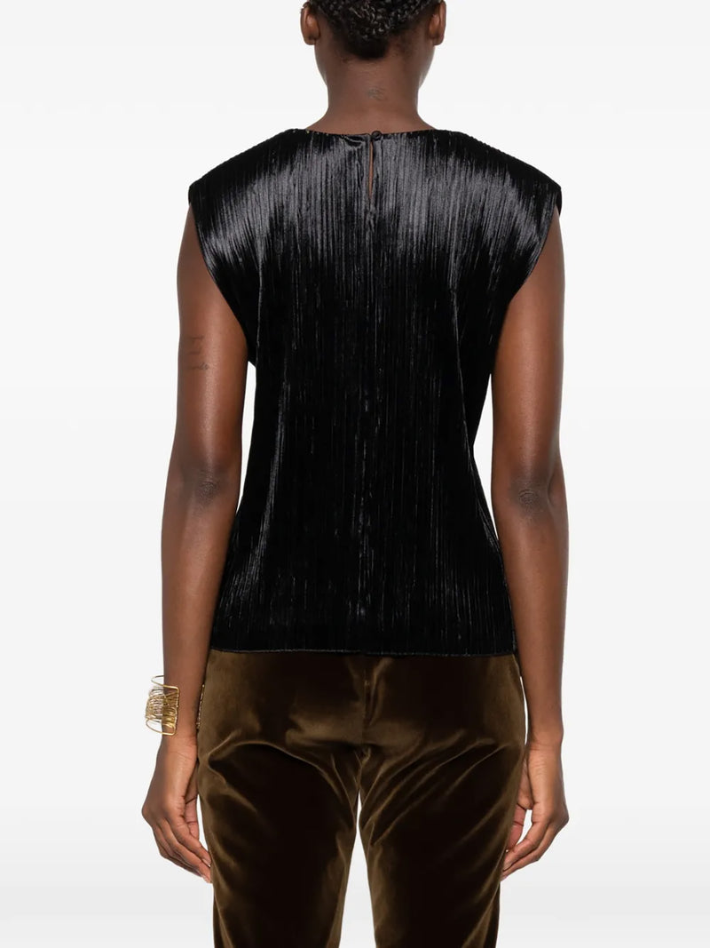 Silky velvet pleated jersey top, black