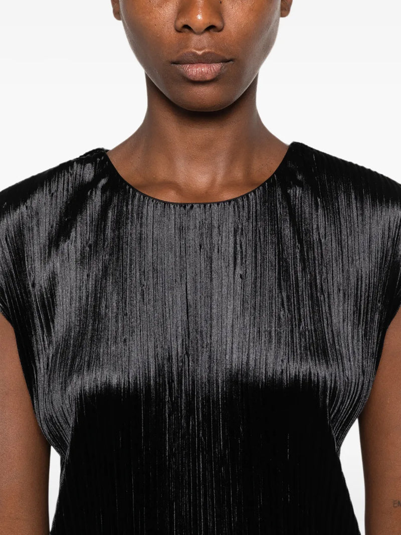 Silky velvet pleated jersey top, black