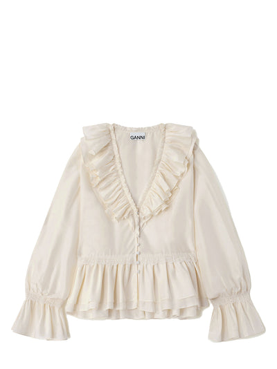 Viscose silk habotai frill blouse, egret