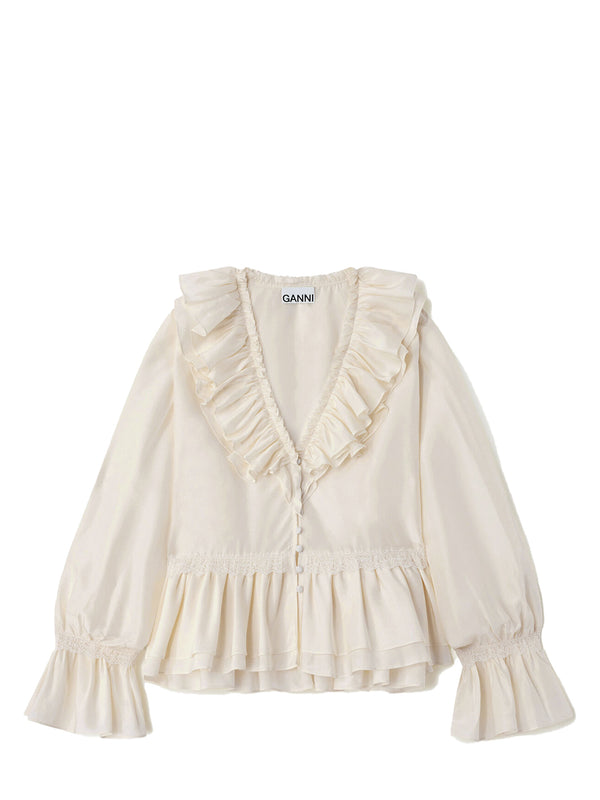 Viscose silk habotai frill blouse, egret