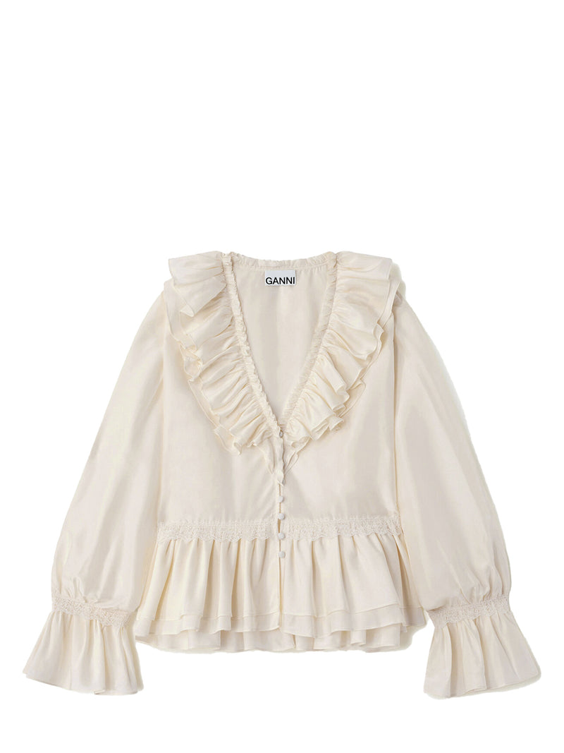 Viscose silk habotai frill blouse, egret