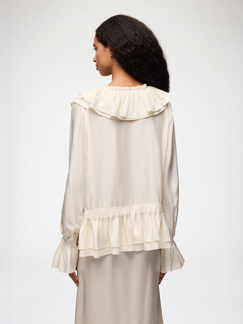 Viscose silk habotai frill blouse, egret