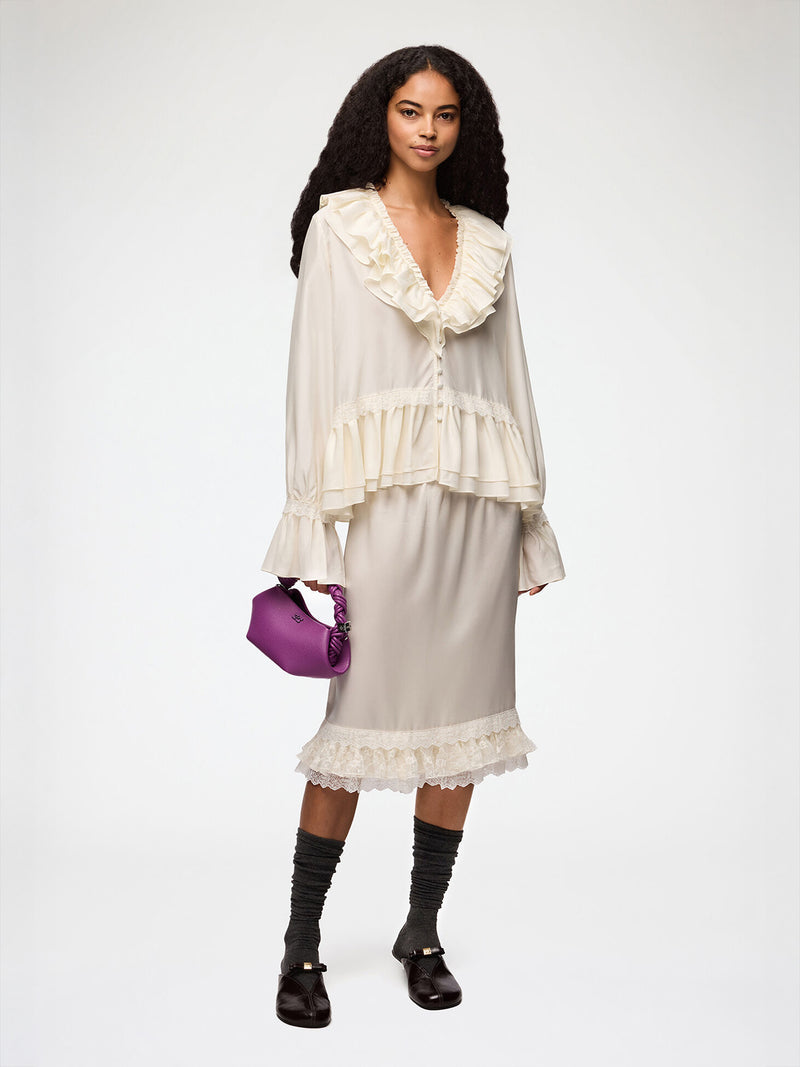 Viscose silk habotai frill blouse, egret