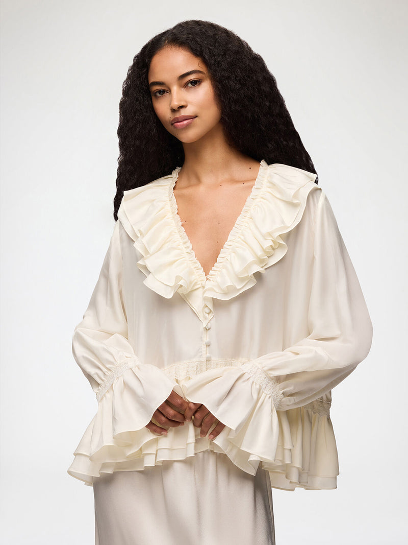 Viscose silk habotai frill blouse, egret