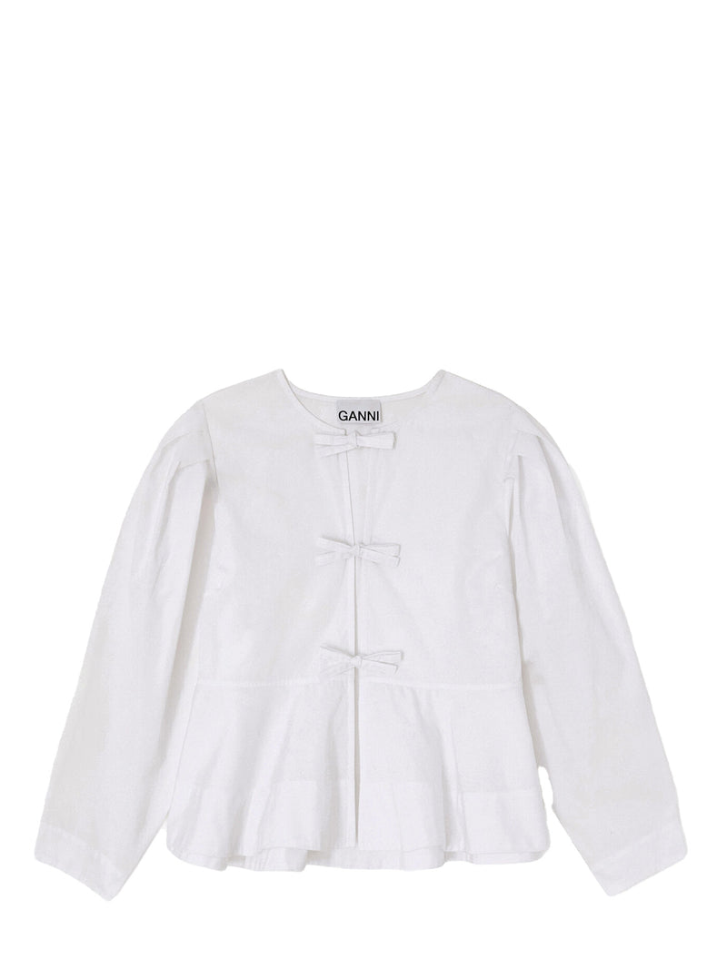 Cotton Poplin Peplum Tie Blouse, White