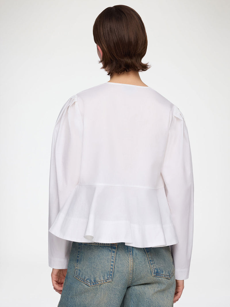 Cotton Poplin Peplum Tie Blouse, White