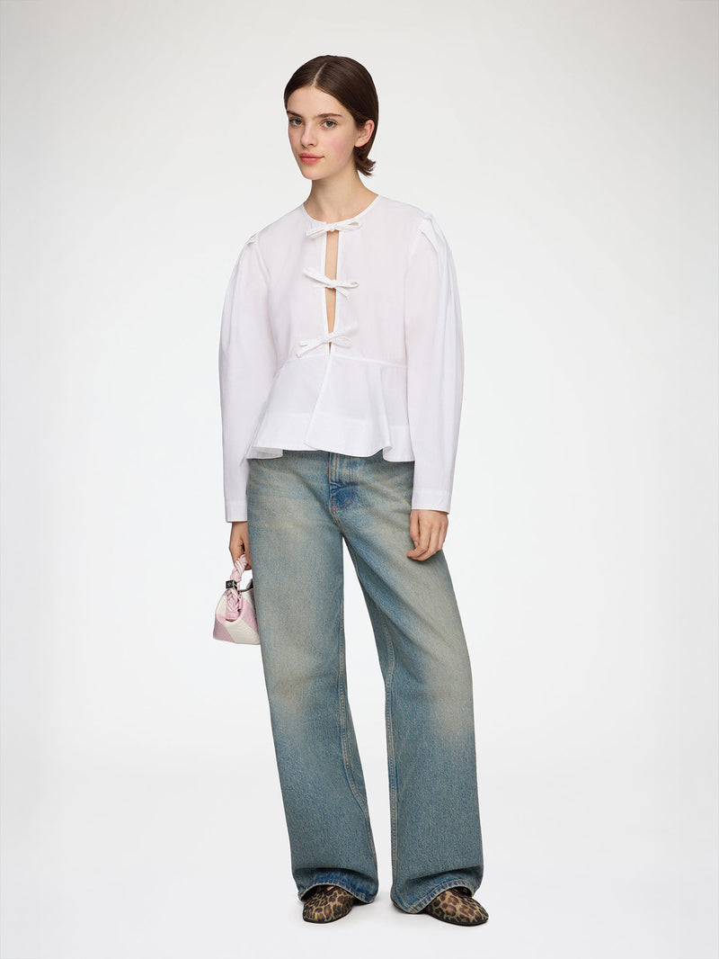 Cotton Poplin Peplum Tie Blouse, White