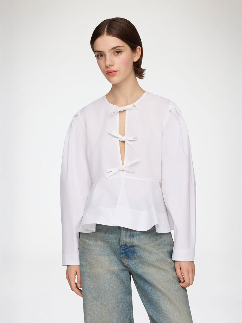 Cotton Poplin Peplum Tie Blouse, White