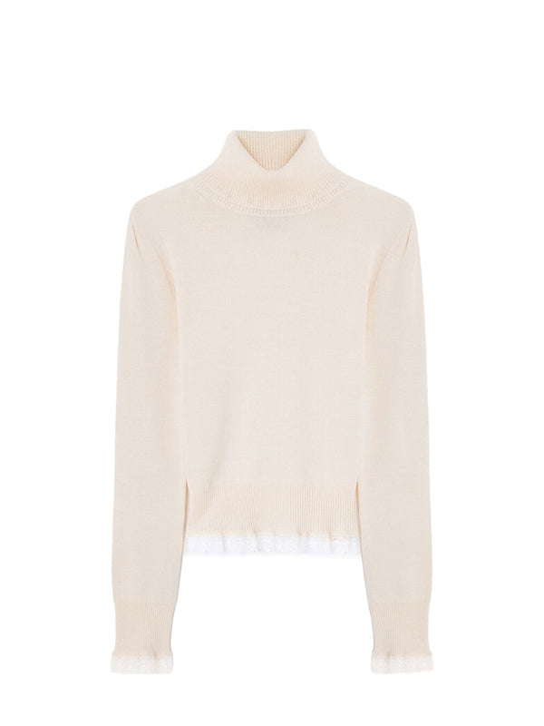 Merino Turtleneck w/lace details, egret