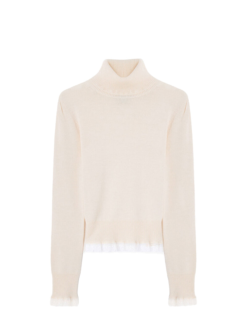Merino Turtleneck w/lace details, egret