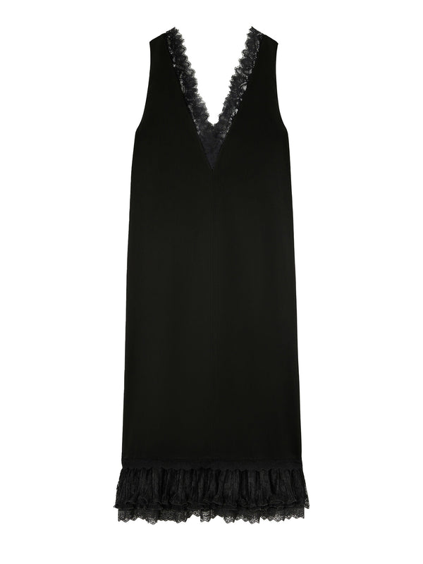 Fluid satin v-neck lace frill midi dress, black
