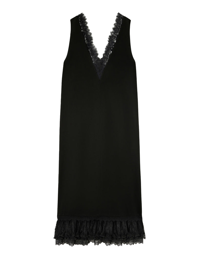 Fluid satin v-neck lace frill midi dress, black