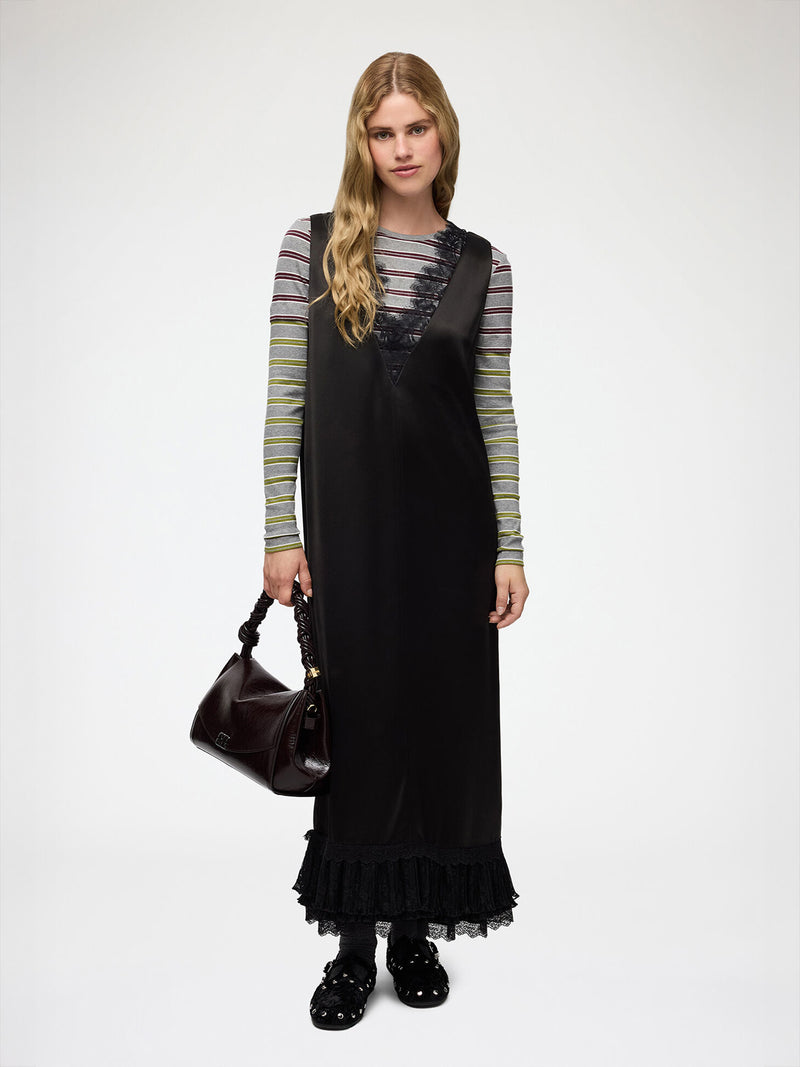 Fluid satin v-neck lace frill midi dress, black
