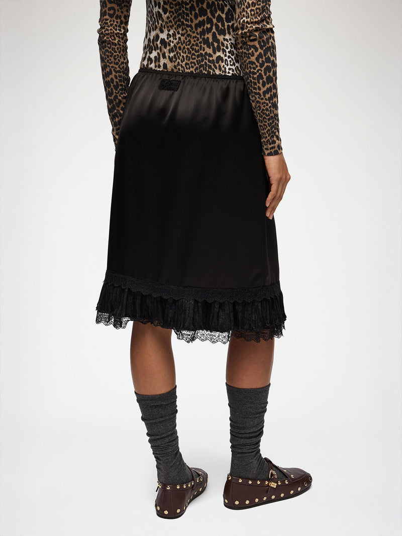 Fluid satin knee length frill skirt, black