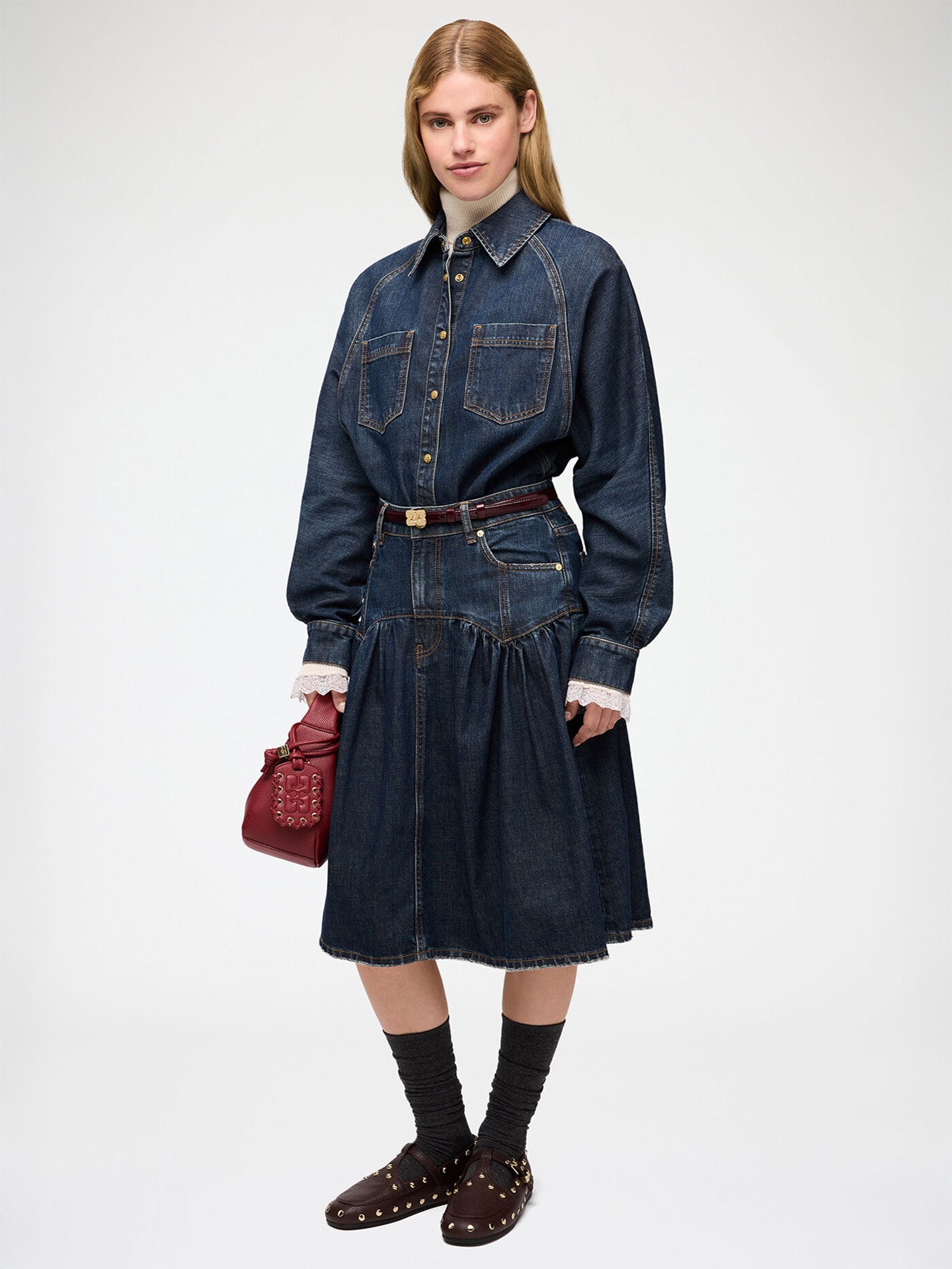 Slub mix denim midi skirt, dark blue vintage
