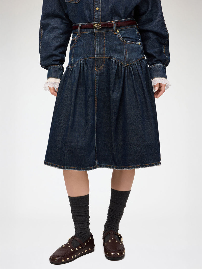 Slub mix denim midi skirt, dark blue vintage