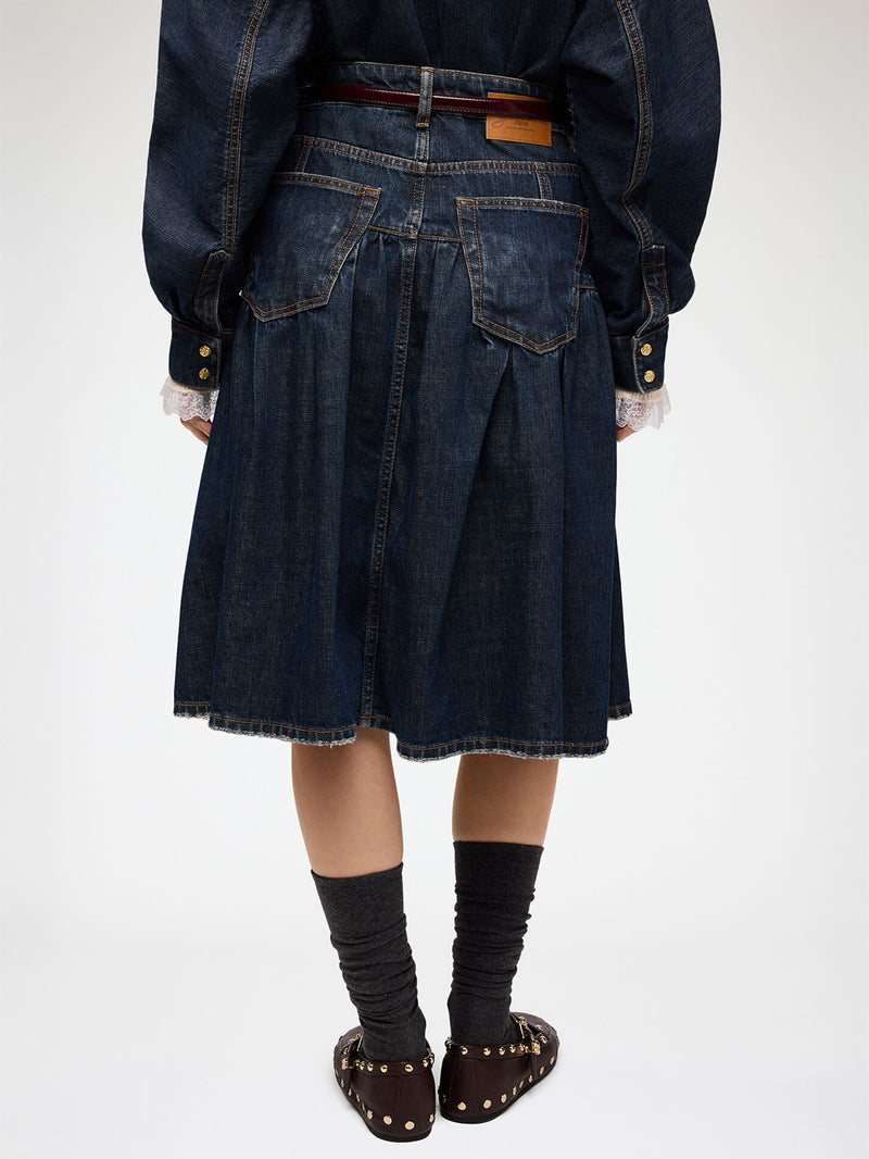 Slub mix denim midi skirt, dark blue vintage
