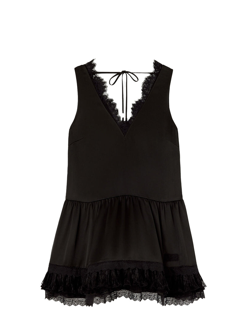 Fluid satin v-neck lace mini dress, black