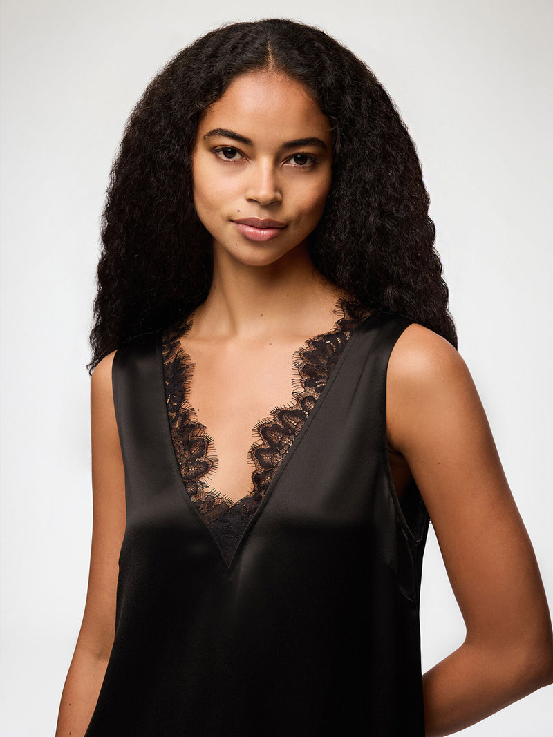 Fluid satin v-neck lace mini dress, black
