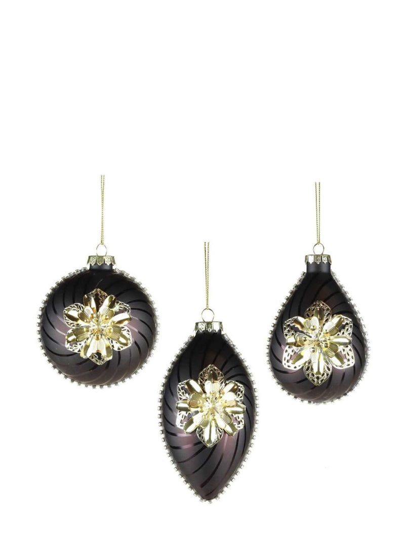 Metallic 3D flower glass ornament, round ball (8 cm)