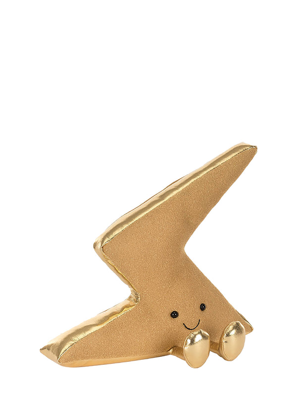 Gold lightning bolt-shaped figurine with a smiling face on a white background