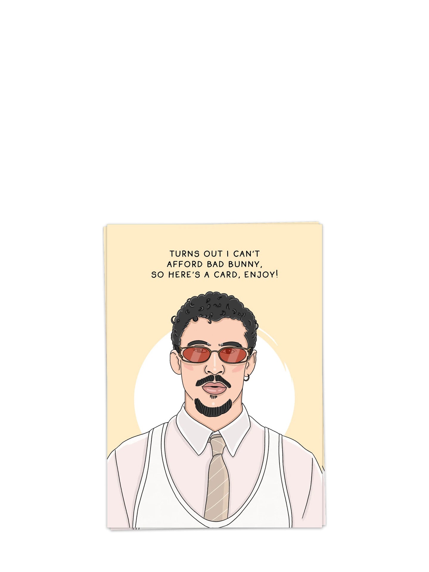 Card with illustration of Bad Bunny wearing sunglasses and a text message on a beige background