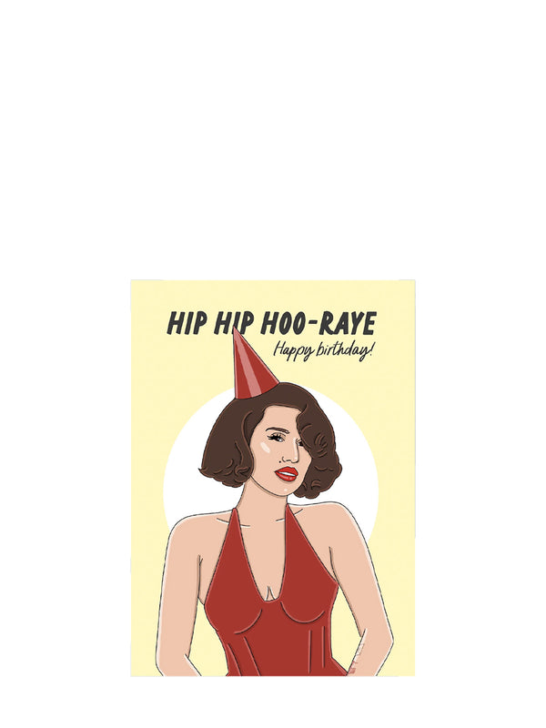 Birthday card with illustration of a woman wearing a party hat and text 'HIP HIP HOO-RAYE Happy Birthday!'.