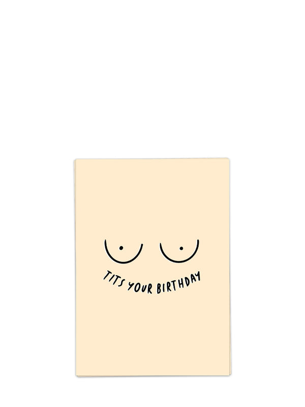 Beige card with black text "Tits your birthday" and design on a white background