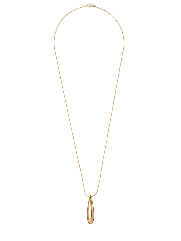 A delicate gold chain necklace with a small, polished gold teardrop pendant, displayed against a solid white background.