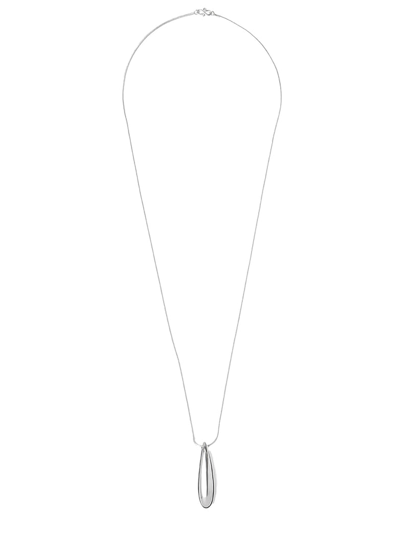 A silver teardrop pendant necklace on a delicate chain, displayed against a solid white background.