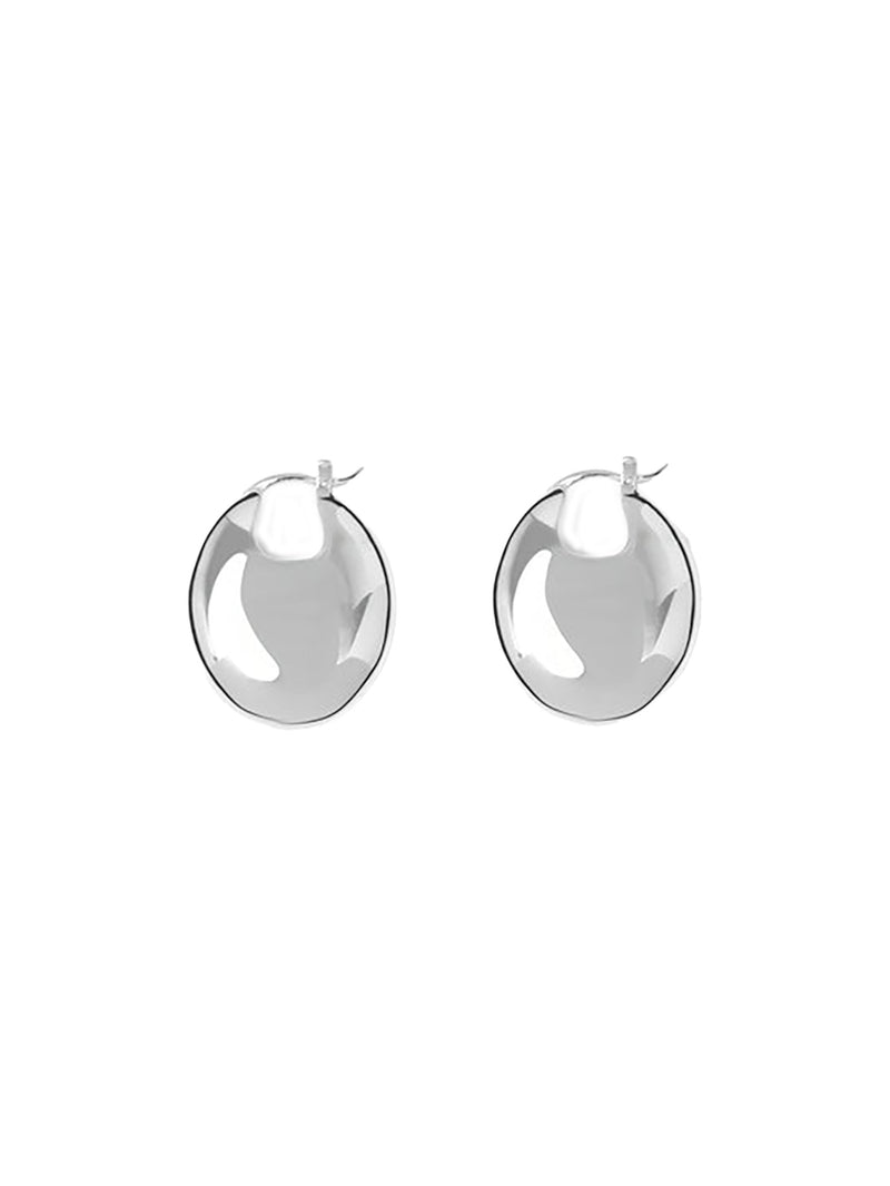 A pair of polished silver-tone oval hoop earrings with a reflective, glossy finish, shown against a plain white background.