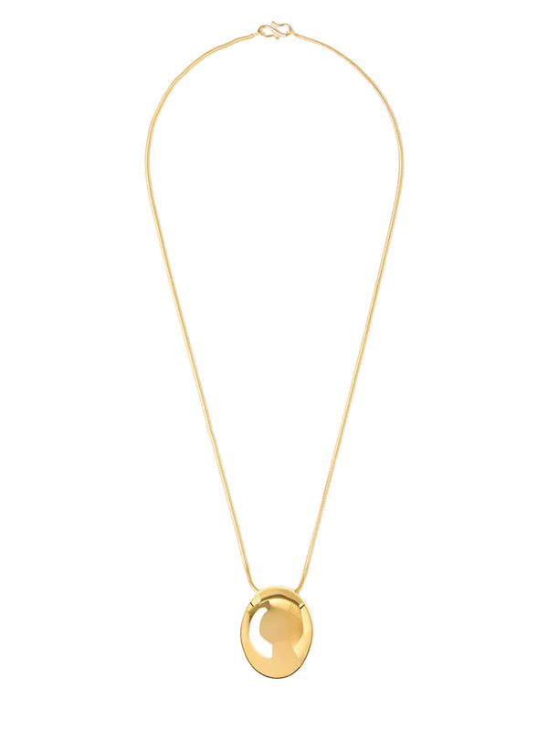 A gold chain necklace featuring a polished, oval-shaped gold pendant with a cutout design, displayed against a solid white background.