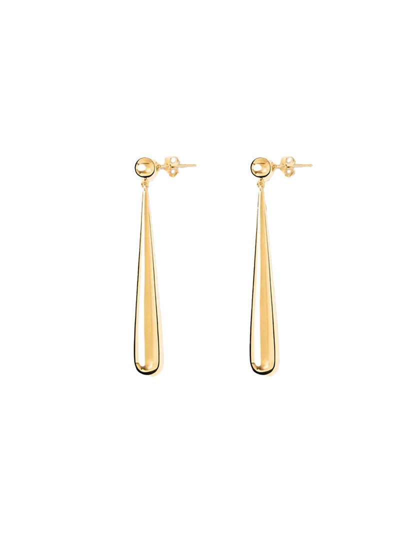 A pair of gold drop earrings with a teardrop-shaped pendant and a small round bead at the top, shown on a plain white background.