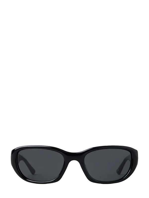 Black cat-eye sunglasses with dark gray lenses, shown from the front on a solid white background.