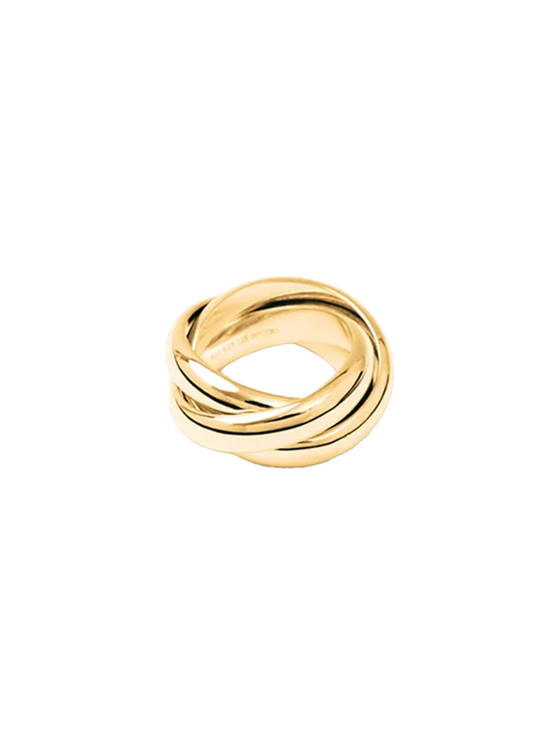 A gold twisted knot ring with a polished finish, centered on a plain white background.
