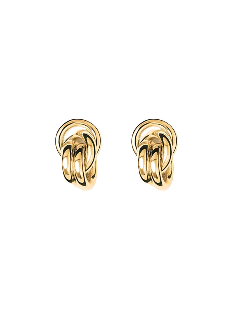A pair of gold-toned hoop earrings with a central interlocking knot design, shown on a plain white background.