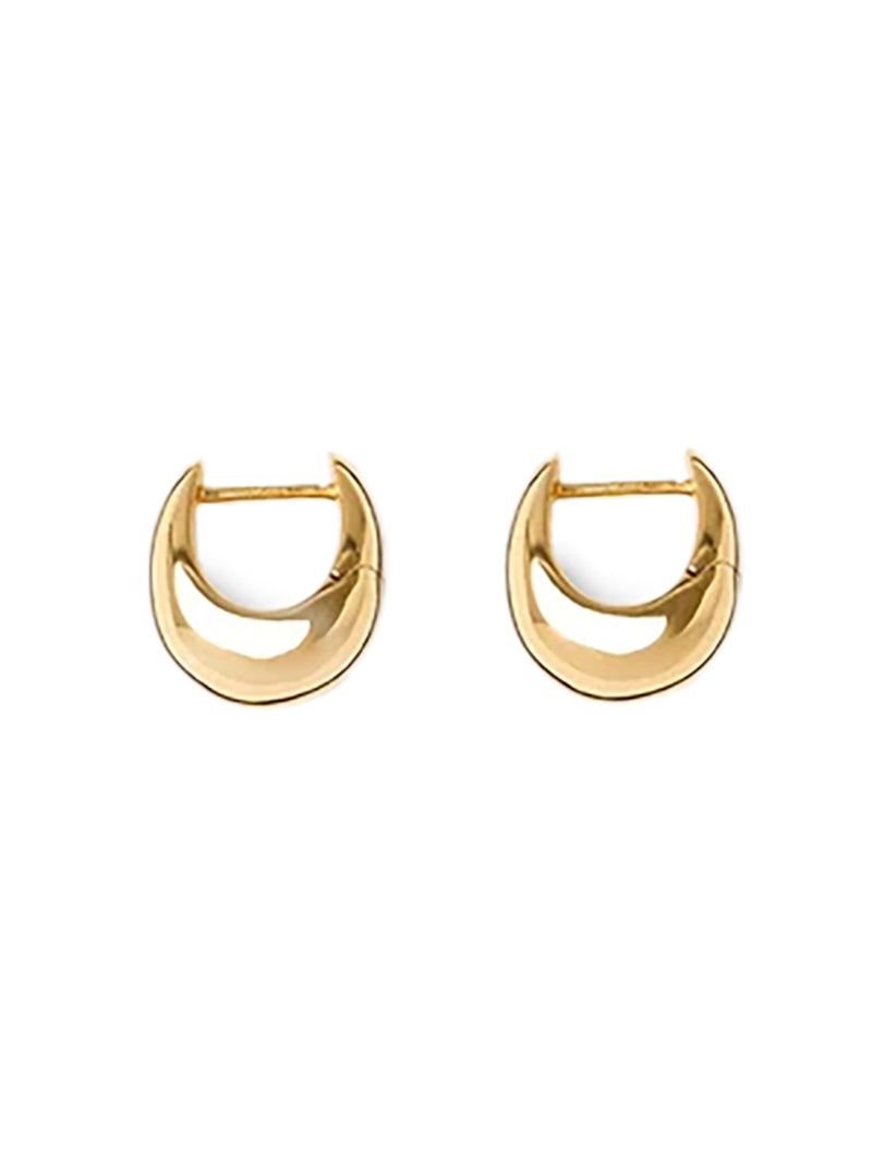 A pair of gold crescent-shaped hoop earrings with a polished finish, displayed on a clean white background.