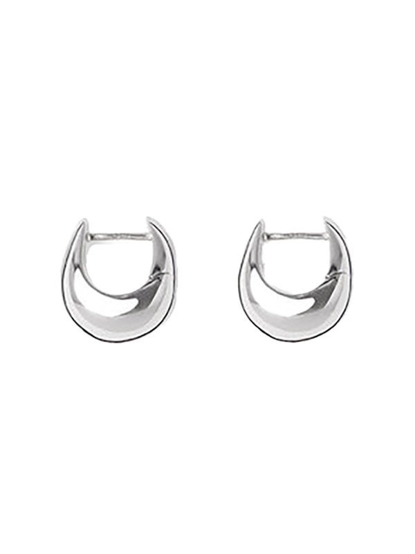 A pair of polished silver crescent-shaped hoop earrings on a solid white background.