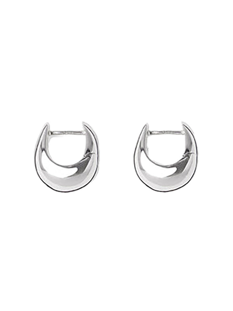 A pair of polished silver crescent-shaped hoop earrings on a solid white background.