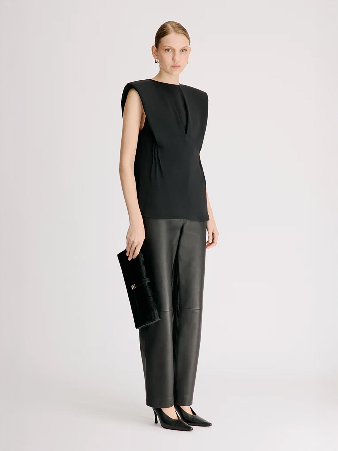 Cory pleated silk top, black