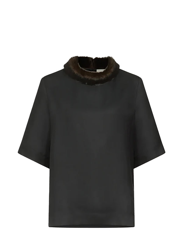 Dana top w/ faux fur collar, black/grizzly