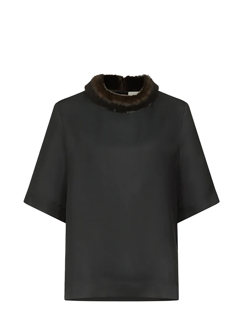 Dana top w/ faux fur collar, black/grizzly