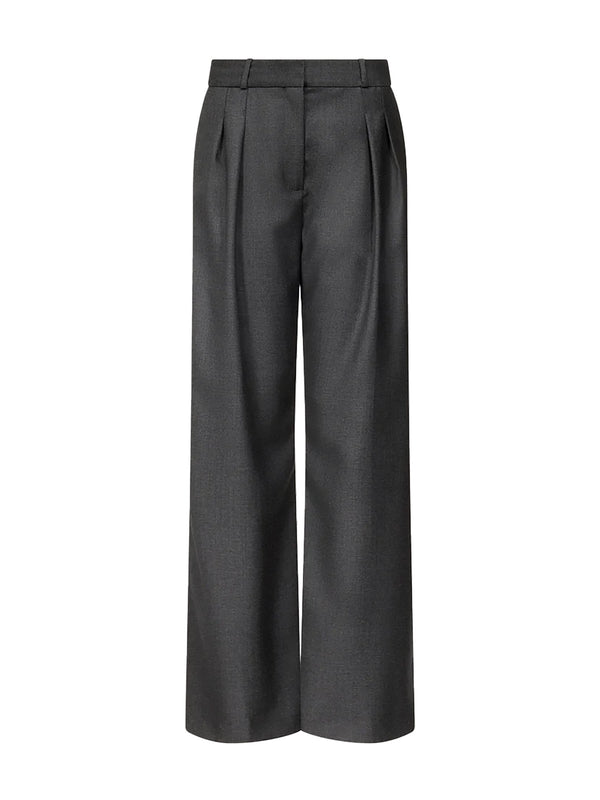 A pair of dark gray wide-leg trousers with pleated detailing at the front, shown against a plain white background.