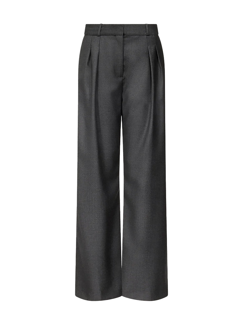 A pair of dark gray wide-leg trousers with pleated detailing at the front, shown against a plain white background.