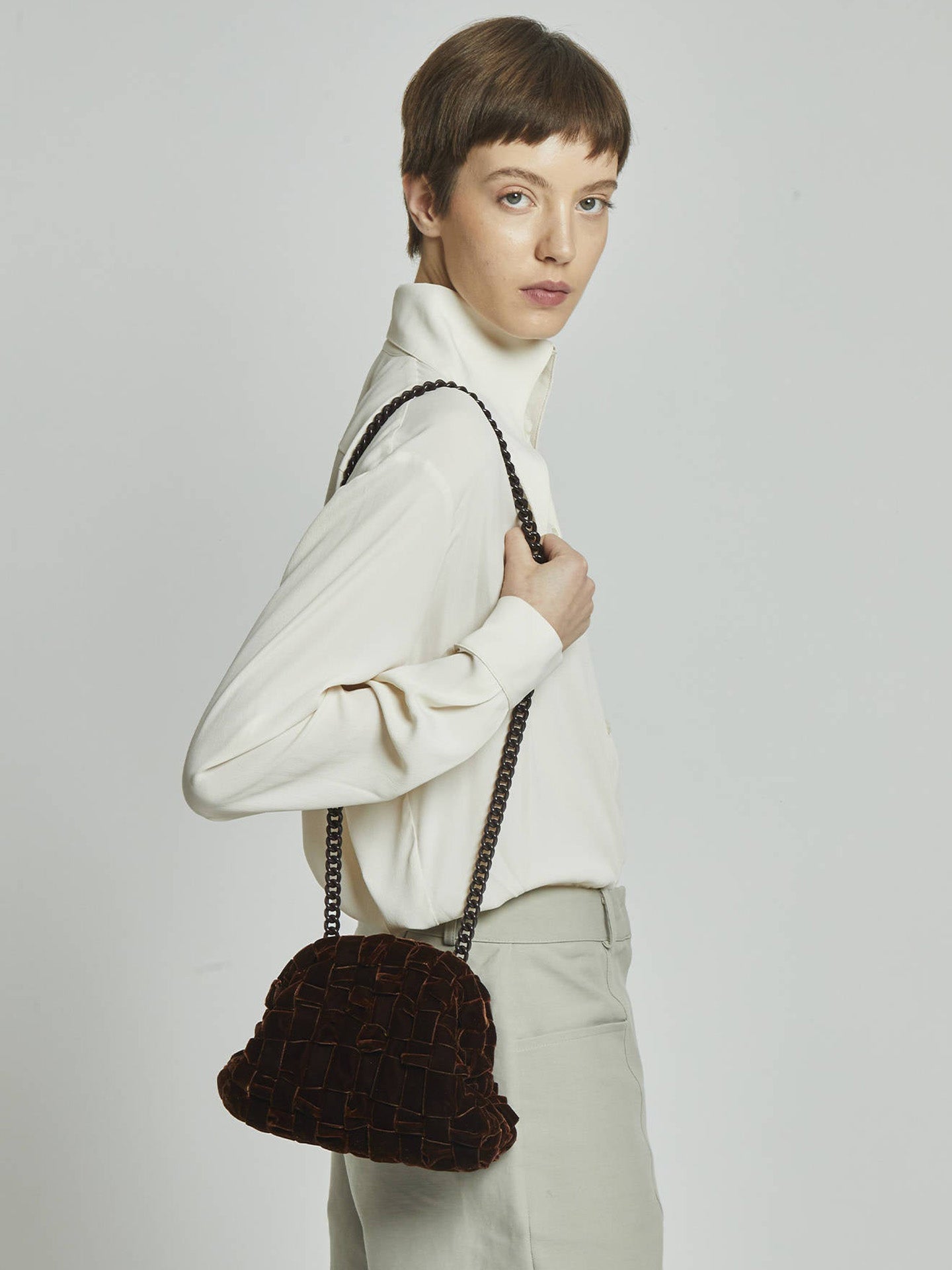 Handwoven velvet Mini Game bag, brown