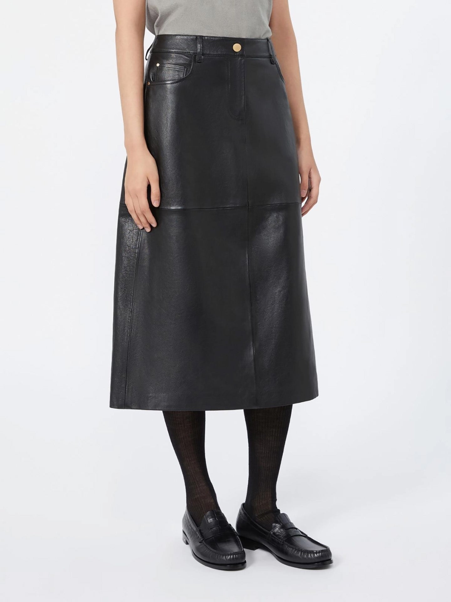Nappa leather A-line skirt, black